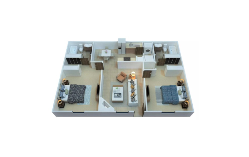 Two Bedroom - 2 bedroom floorplan layout with 2 baths and 968 square feet.