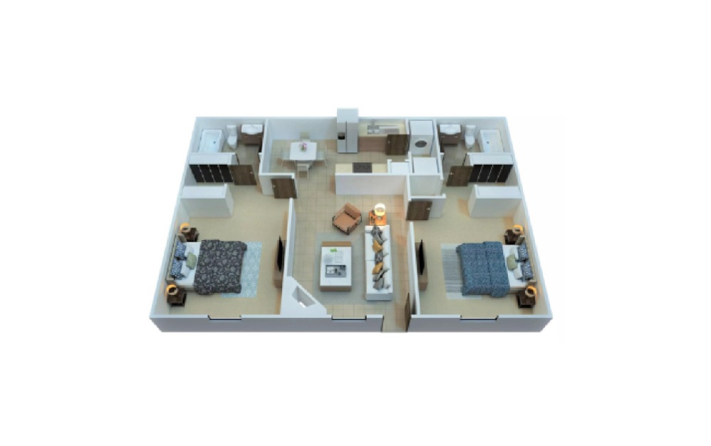 Two Bedroom - 2 bedroom floorplan layout with 2 bathrooms and 968 square feet